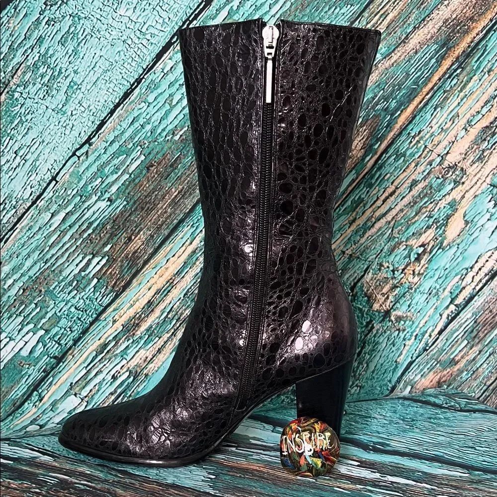 Black Croc-Embossed Heeled Boots